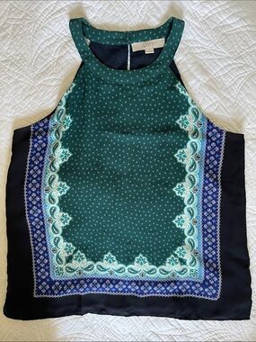 LOFT Green and Navy Printed Halter Top
